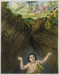 Giuseppe gettato nella fossa dai suoi fratelli, da una bibbia stampata da Edward Gover, 1870